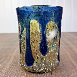 Art Glass Tumbler Cup Asymmetrical Handmade Blue DRIP Speckled Texture 